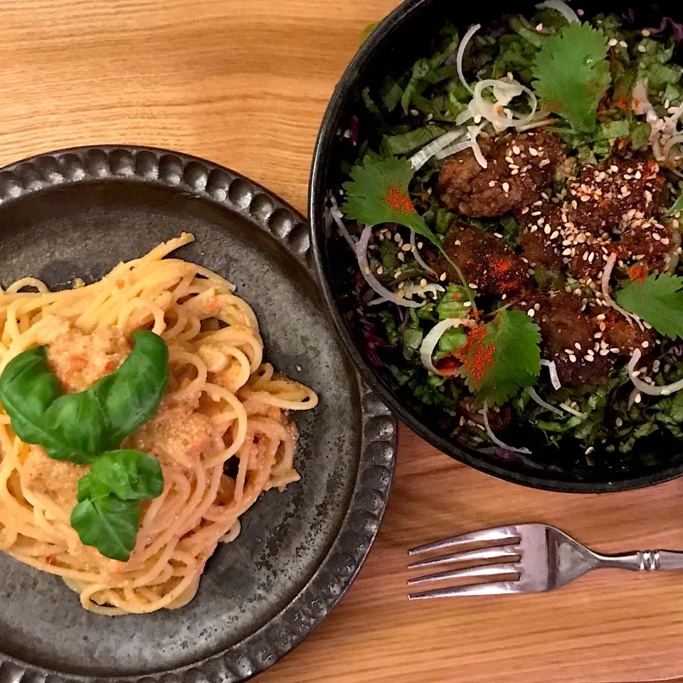 大豆ミート唐揚げの黒酢マリネ 焼き野菜ペーストと豆乳クリームパスタ  #ヴィーガン|コロンさん