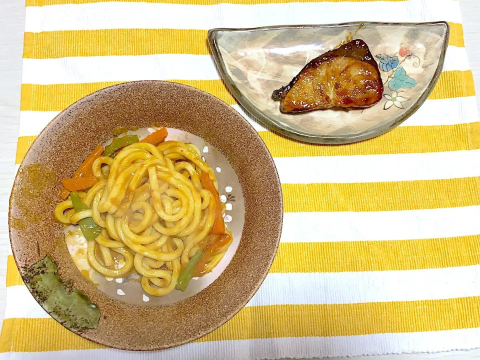 カレーうどん ブリの照り焼き|omameさん