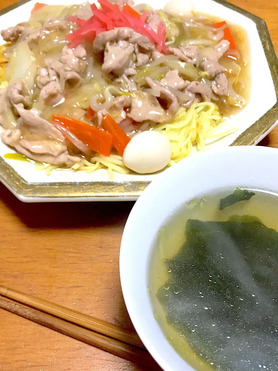 #あんかけ焼きそば
#わかめスープ|みかんさん