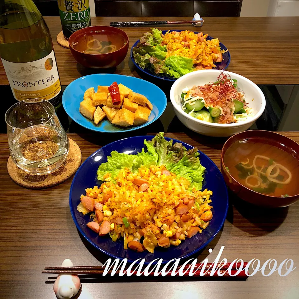 キムチ炒飯✴︎長芋のピリ辛醤油漬け✴︎おかか胡瓜サラダ✴︎お吸い物|マイコさん