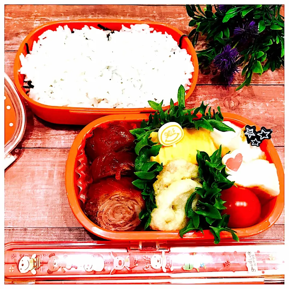 Snapdishの料理写真:薄切り肉のくるくる焼豚 弁当|あお♡あおさん