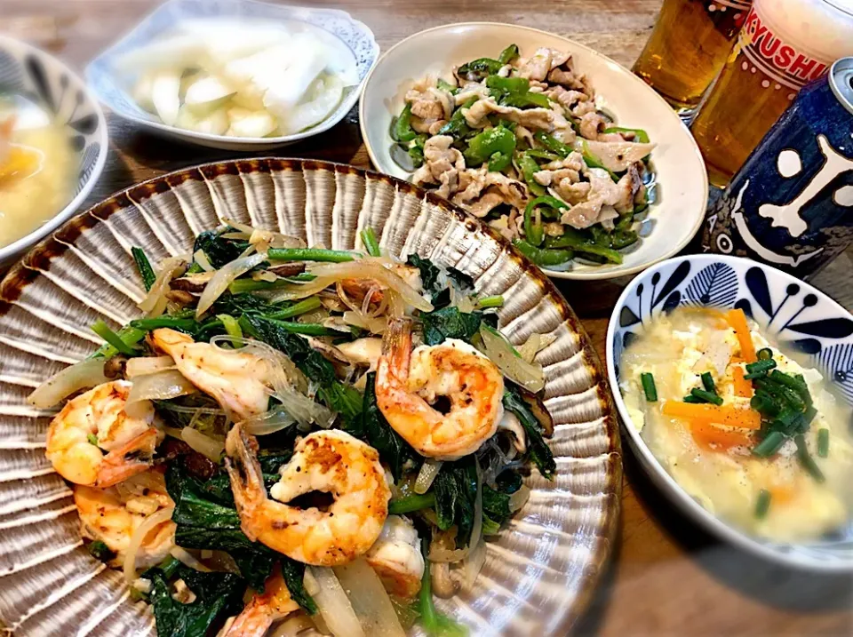 海老とほうれん草の春雨ペペロンチーノ
豚肉の青椒肉絲封筒|じゅんさんさん