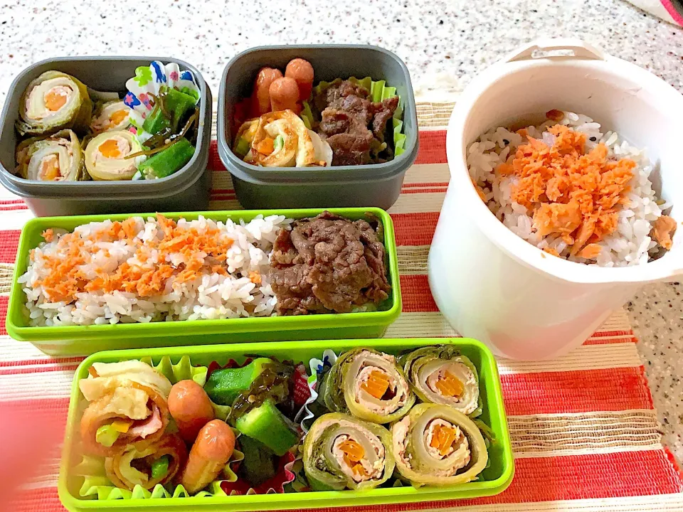 #部活男子お弁当,姉おまけ弁当。ロールキャベツ。牛肉しぐれ煮。クルッと竹輪。ウインナー。オクラの塩昆布和え。雑穀米。#お弁当|yukaさん