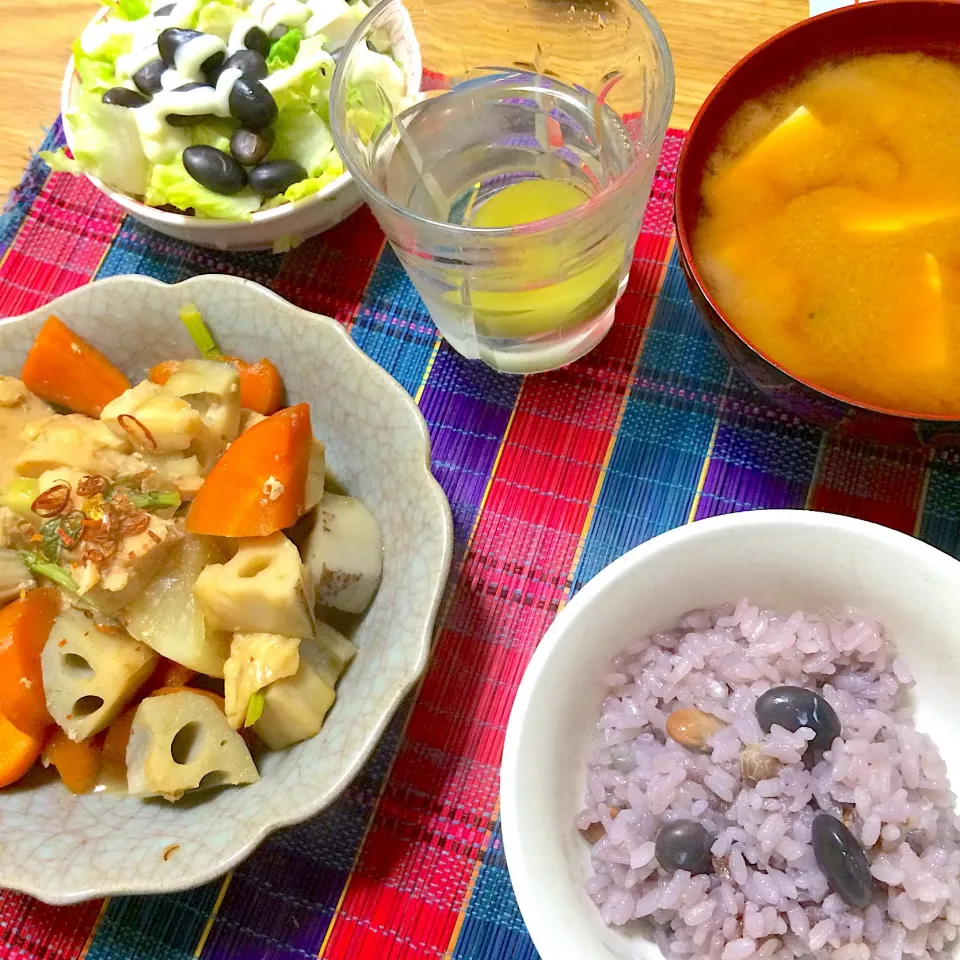 2019/02/06 レンコン鶏肉筑前煮(風)、福豆&黒豆ごはん|kykyさん