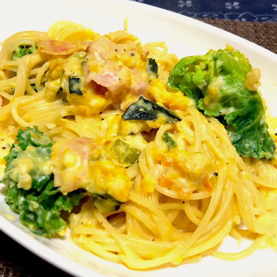 #カボチャとベーコンプチヴェールのクリームパスタ
 #今日の晩御飯 
#パスタ
#カボチャ
#ベーコン
#プチヴェール
#チーズ|ぴらこさん