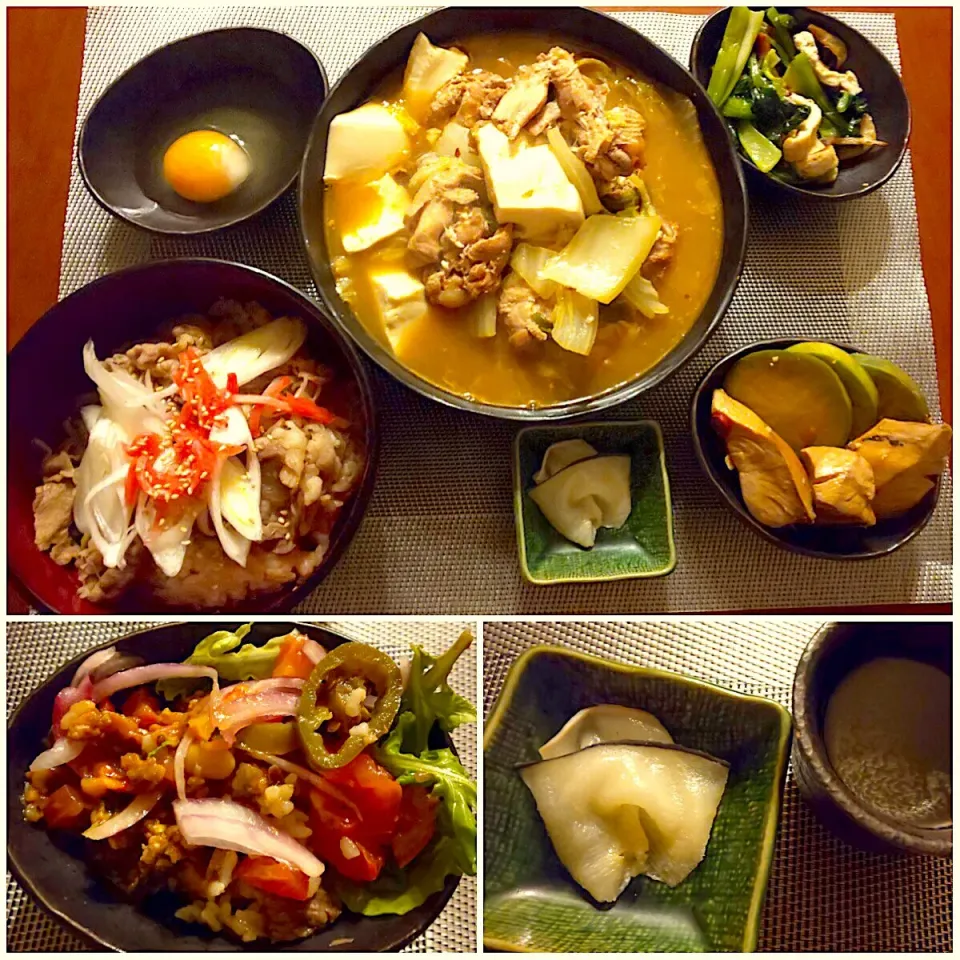 Today's Dinner🍴鯨の脂塩漬･生卵･吉野家の牛丼･手羽元と白菜のﾋﾟﾘ辛煮込み･鰤と青大根のｺﾁｭｼﾞｬﾝ煮･小松菜とお揚げの海老たっぷりお浸し･ﾊﾗﾍﾟｰﾆｮたっぷりﾀｺｽﾐｰﾄdeﾀｺﾗｲｽ|🌈Ami🍻さん