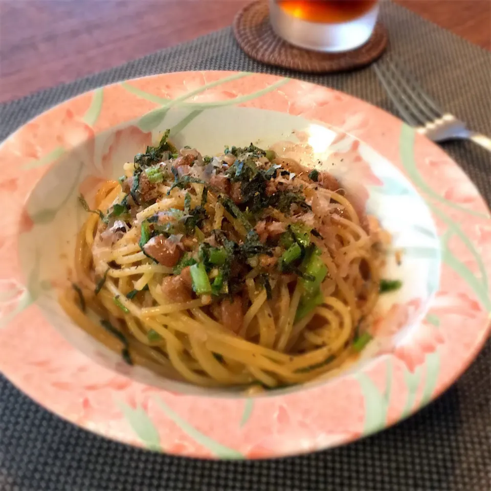 ツナと納豆、大根葉のスパゲッティ🍝|𓇼 Ⓢ Ⓗ Ⓘ Ⓝ Ⓞ Ⓑ Ⓤ 𓇼さん