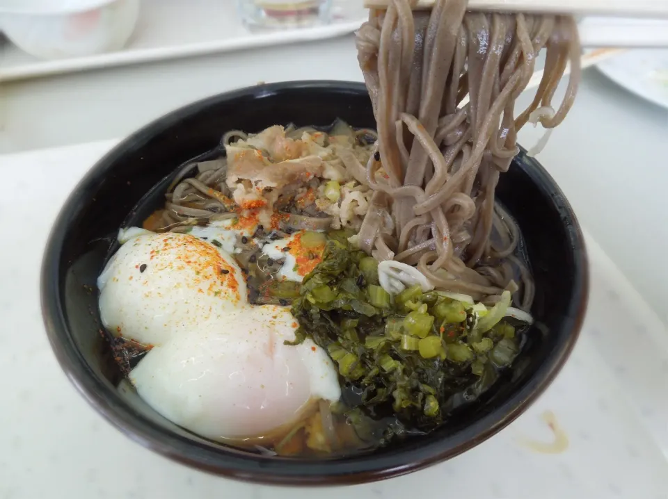 かけ蕎麦を注文して、別途温泉玉子、野沢菜炒めと牛丼の肉をもらってトッピング|Takeshi  Nagakiさん