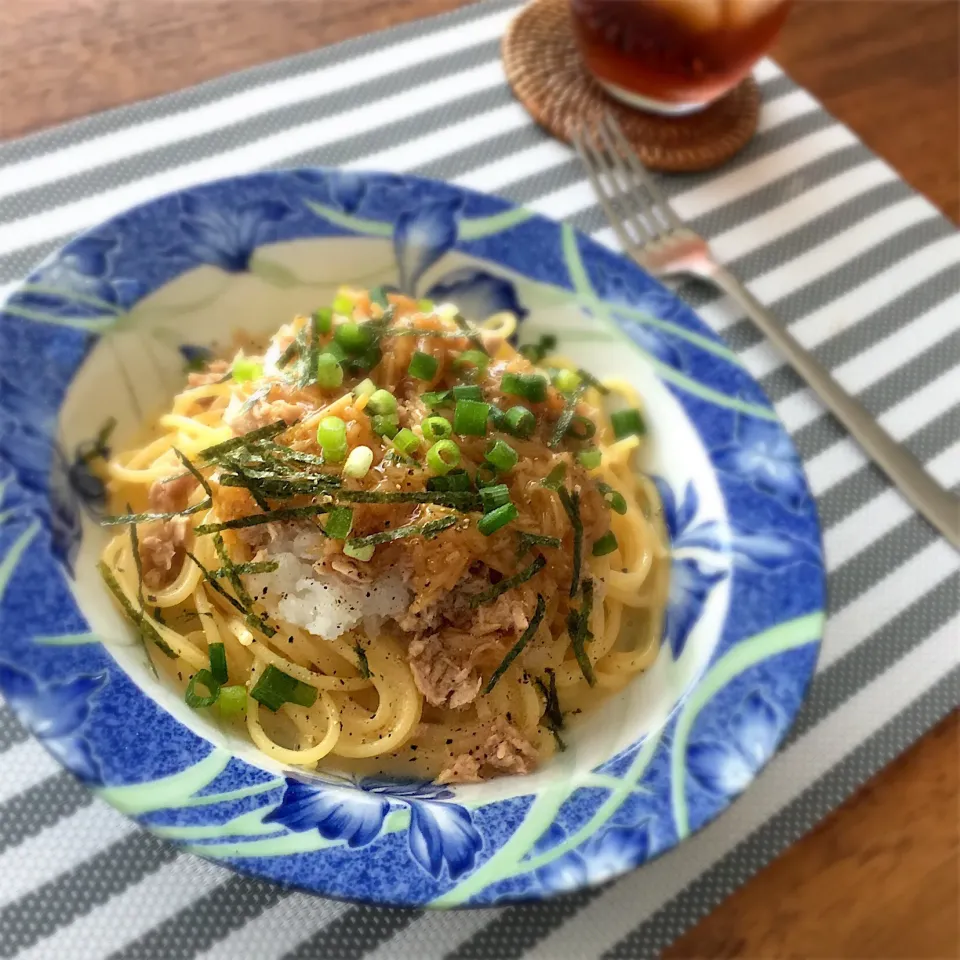 ツナとなめたけの釜玉おろしスパゲッティ🍝|𓇼 Ⓢ Ⓗ Ⓘ Ⓝ Ⓞ Ⓑ Ⓤ 𓇼さん