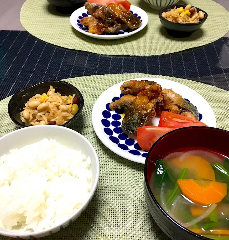 ・揚げ鯖の甘辛煮 ・切り干し大根とサラダ豆の和え物 ・ほうれん草の味噌汁|ちぐあささん