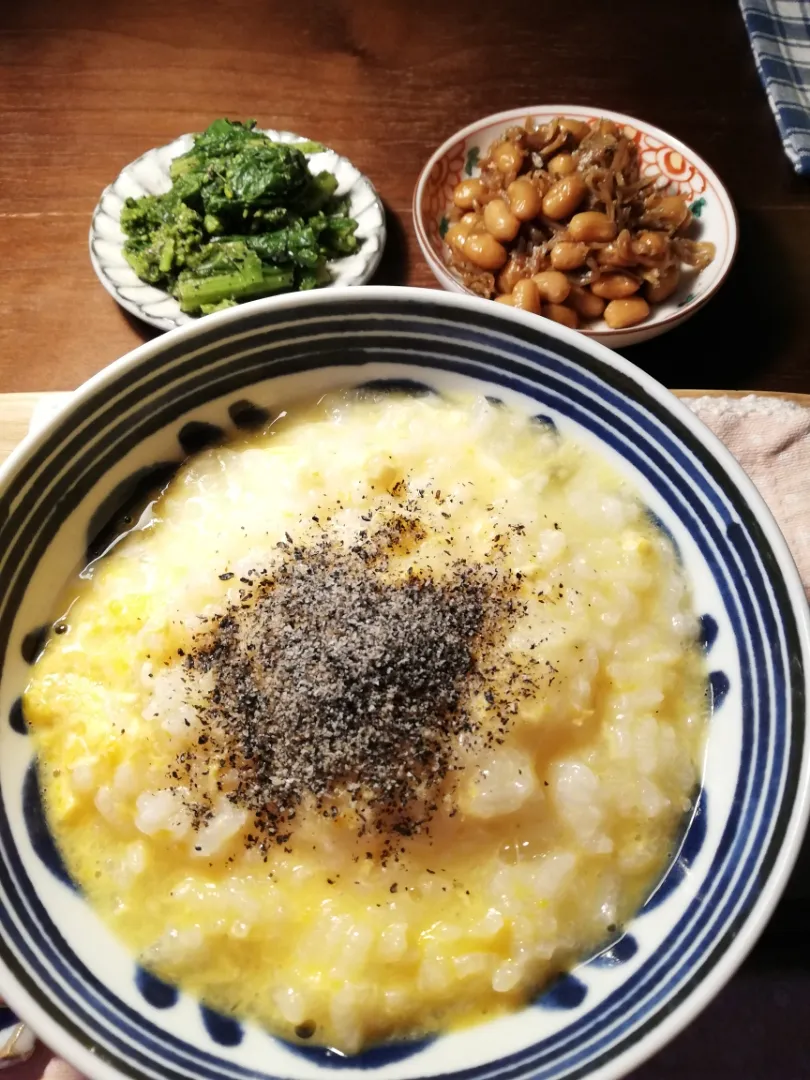 卵がゆ
菜の花のごま和え
じゃこと大豆の佃煮|ほっこりらさん