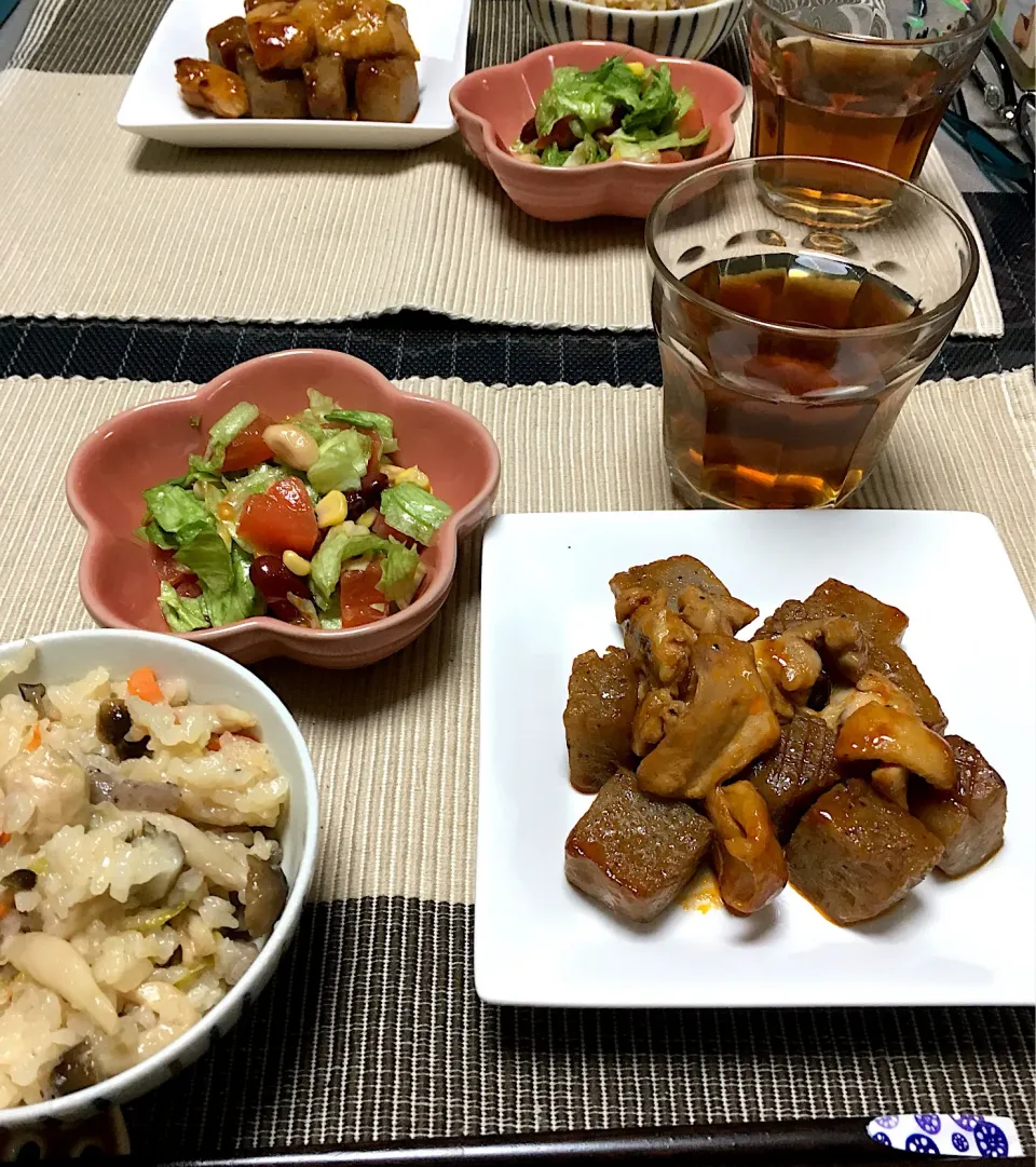 ・切り餅で中華ちまき風おこわ ・こんにゃくチキン  ・ビーンズサラダ|ちぐあささん