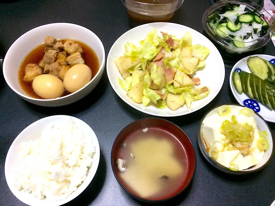 豚の角煮&ベーコン野菜炒め&大根きゅうりわかめの酢の物|Shintarou  Nishimuraさん