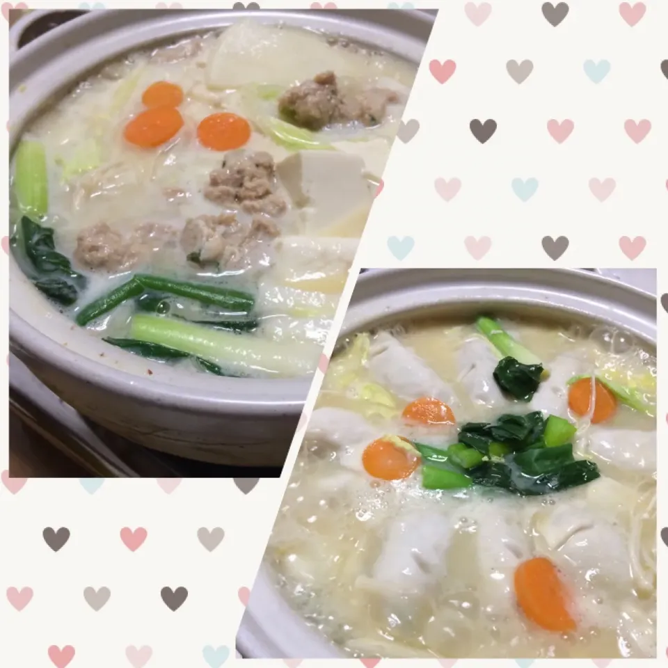 Snapdishの料理写真:2019/02/11 第1弾 白味噌 鶏だんご鍋 第2弾 餃子鍋|kykyさん