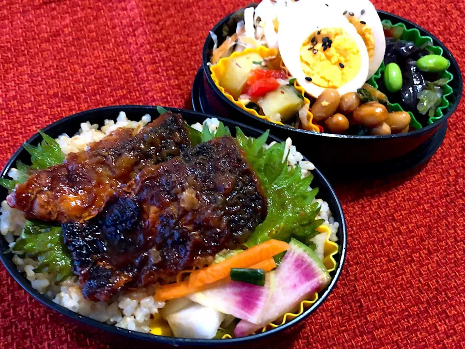 Snapdishの料理写真:2／12昼食  #昼ごはん  #弁当  •鯖のケチャップ煮乗っけご飯 •赤芯大根入り浅漬け •揚げナス煮 •蒸し大豆煮 •さつまいもサラダ •味付け玉子|おさんどんさん