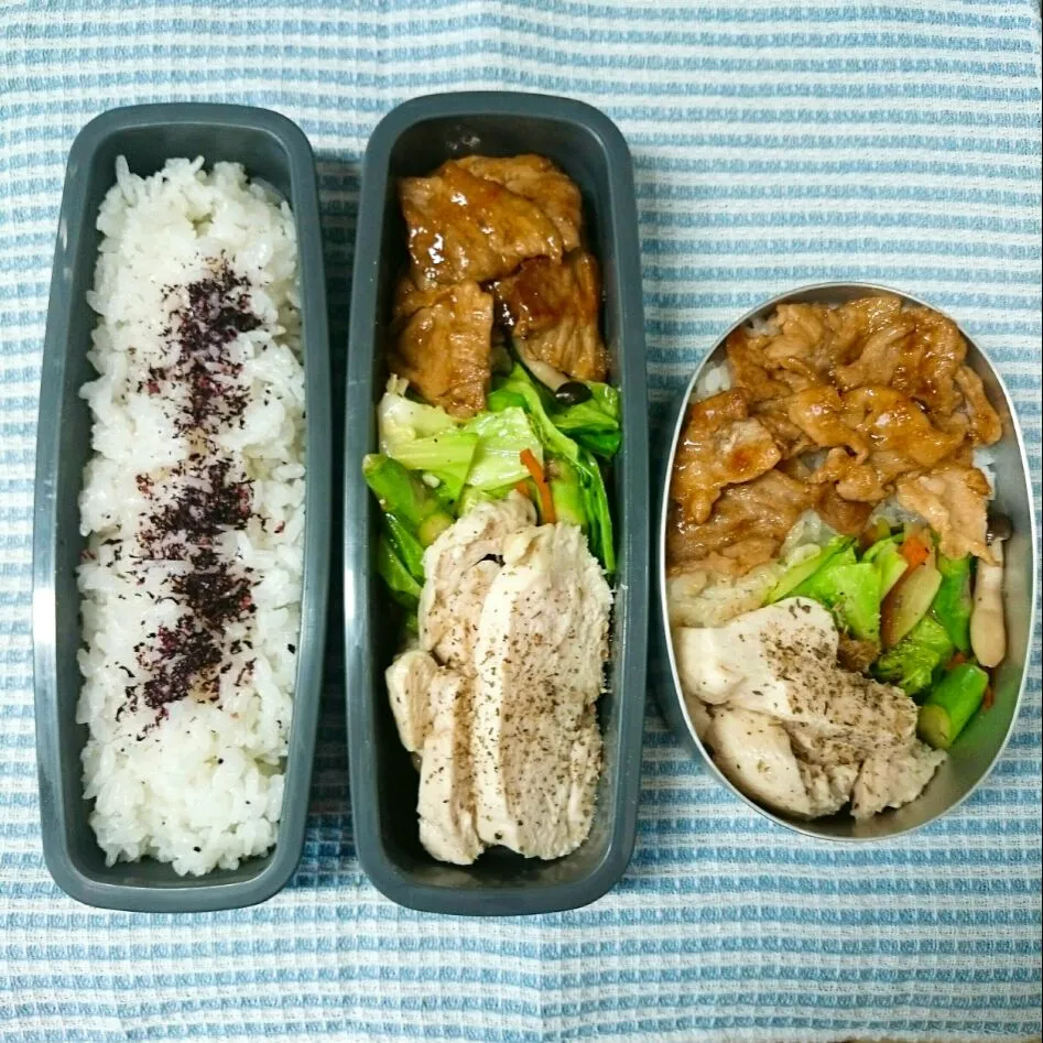 Snapdishの料理写真:手作りサラダチキンとポーク焼肉弁当|jun(・x・)さん