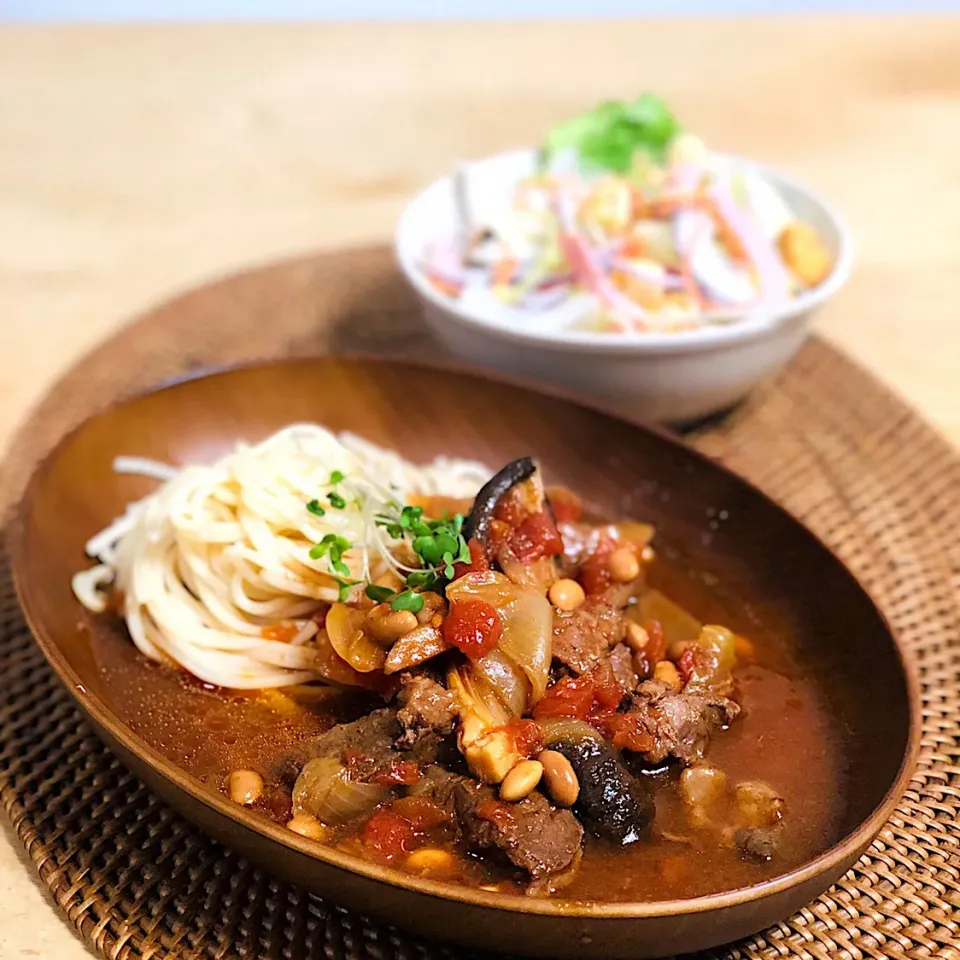 ともこさんの牛肉の赤ワイン煮込で スープスパゲティ|かずきっちんさん