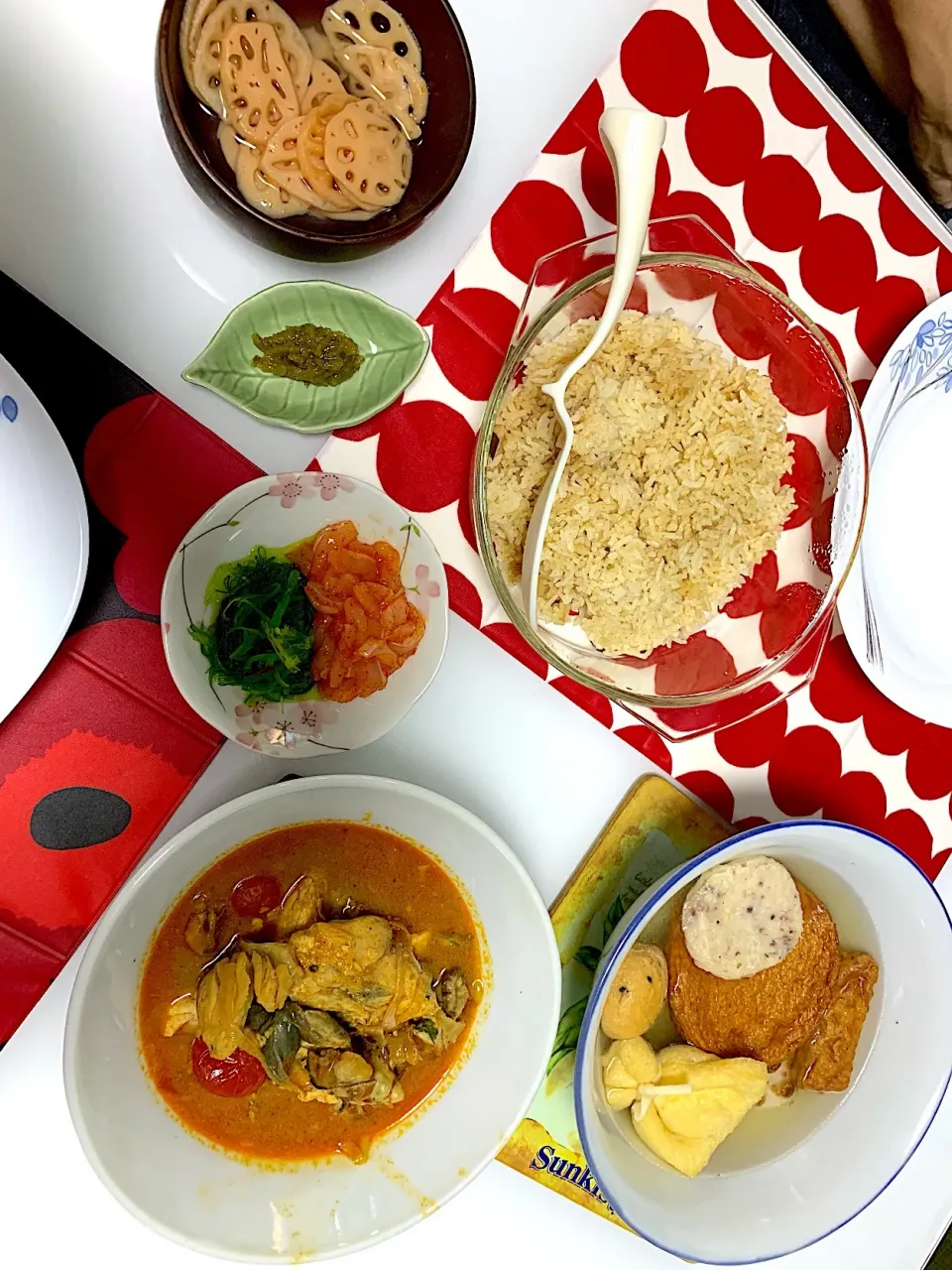 Snapdishの料理写真:Yuzu pickled reikon, chicken rice, oden and Assam fish|Ong Sor Fernさん