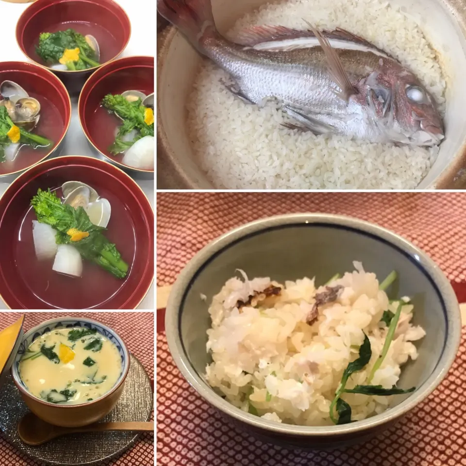 Snapdishの料理写真:今宵は義父の米寿のお祝い🎉生まれて初めて鯛飯を炊いてみました🍚鯛がデカすぎて土鍋からはみ出るハプニングはありましたが無事炊けました。たた、蕪蒸しと茶碗蒸しの塩加減がキツすぎましたわ😢|にゃあ（芸名）さん