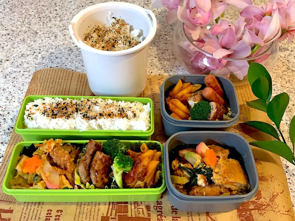 #男子部活お弁当。姉おまけお弁当。  カツとじ。ハンバーグ。ペンネ。#お弁当|yukaさん