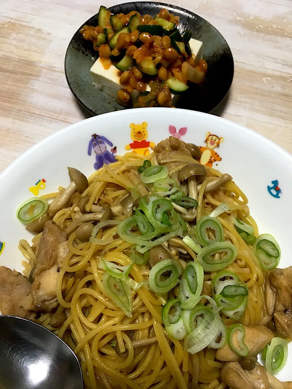 和風パスタと納豆きゅうりキムチ豆腐|あんどうさん