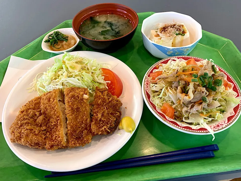 Snapdishの料理写真:チキンカツ香味ポン酢、冷奴、豚しゃぶサラダ、味噌汁|Tadahiko Watanabeさん