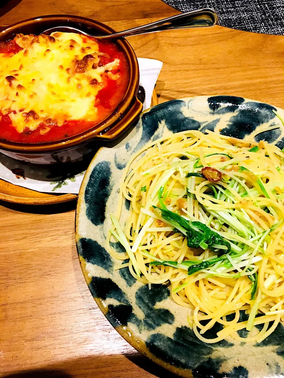 アンチョビと水菜のパスタ・サバ缶のトマトソース焼きで夜ご飯✨|ミッチ☆ママさん