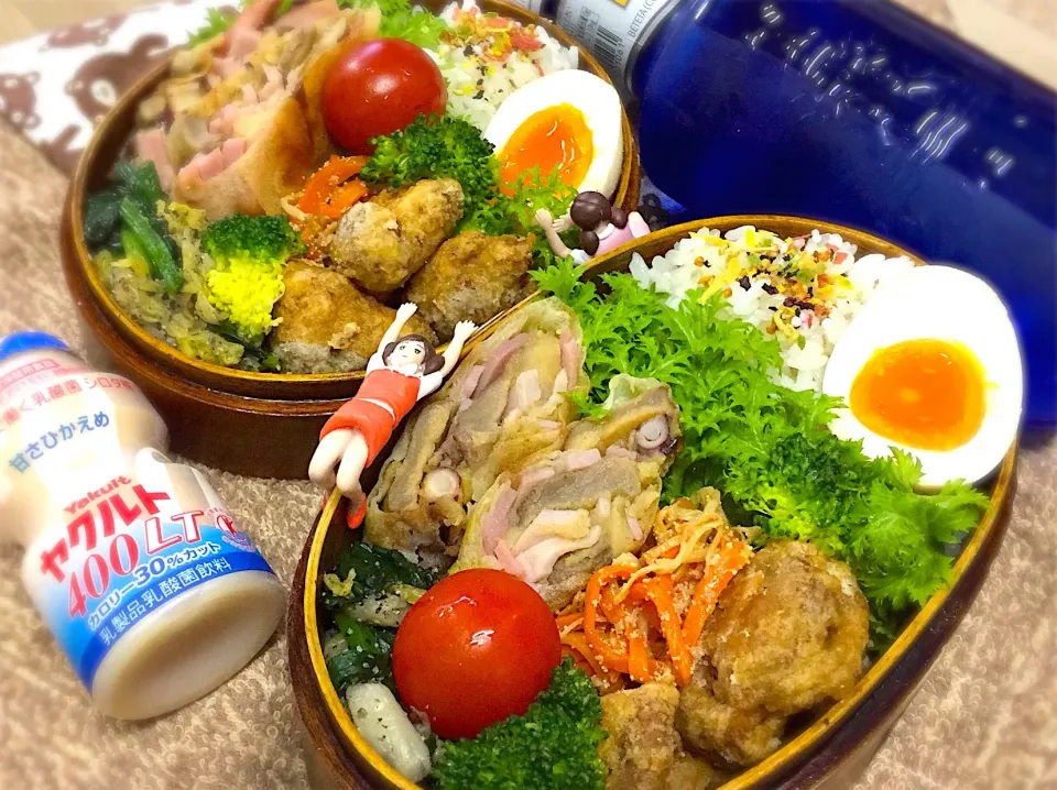 大豆ミートの唐揚げ&人参🥕とえのきの柚子明太子炒め&プルポとハムの焼き春巻き&半熟味玉&ほうれん草と白菜の黒胡麻和え&ブロッコリー🥦&わさび菜&プチトマト🍅の夫婦お弁当♪

 #弁当  #フチ子  #大豆ミート  #ダイズラボ  #焼き春巻き|桃実さん