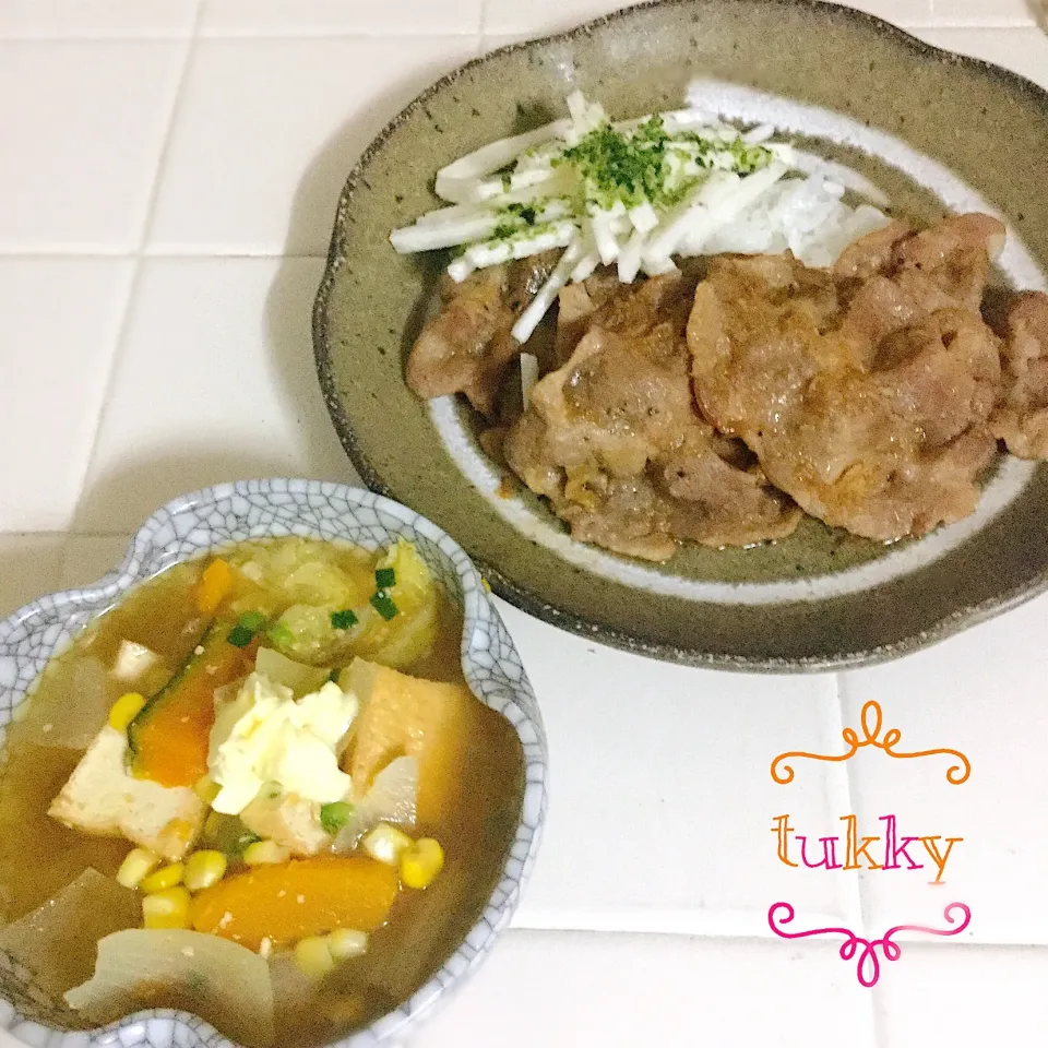 シャキシャキ長芋豚肉ソテー
コーンバター味噌汁|tukkyさん