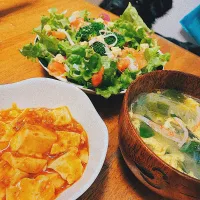 麻婆豆腐 ほうれん草とワカメの中華スープ|かんかんさん