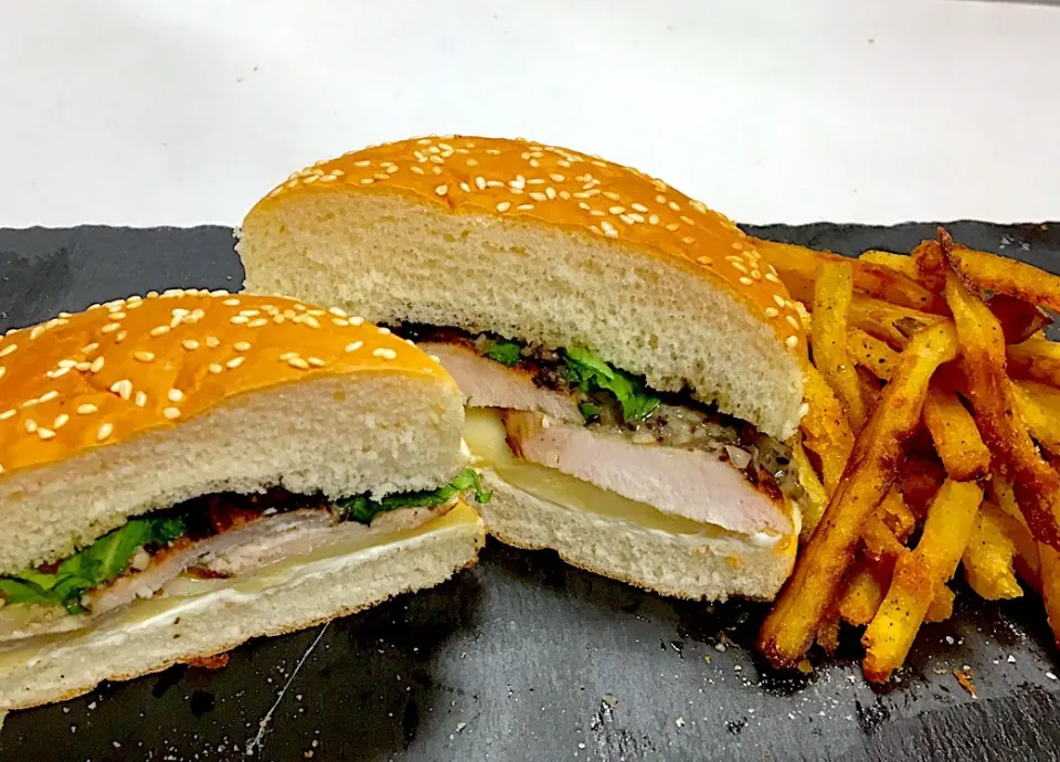 grilled chicken, kiri cheese, muenster cheese, arugula, anchovy mayo tapenade sandwich and sweet potato fries|gonbenさん