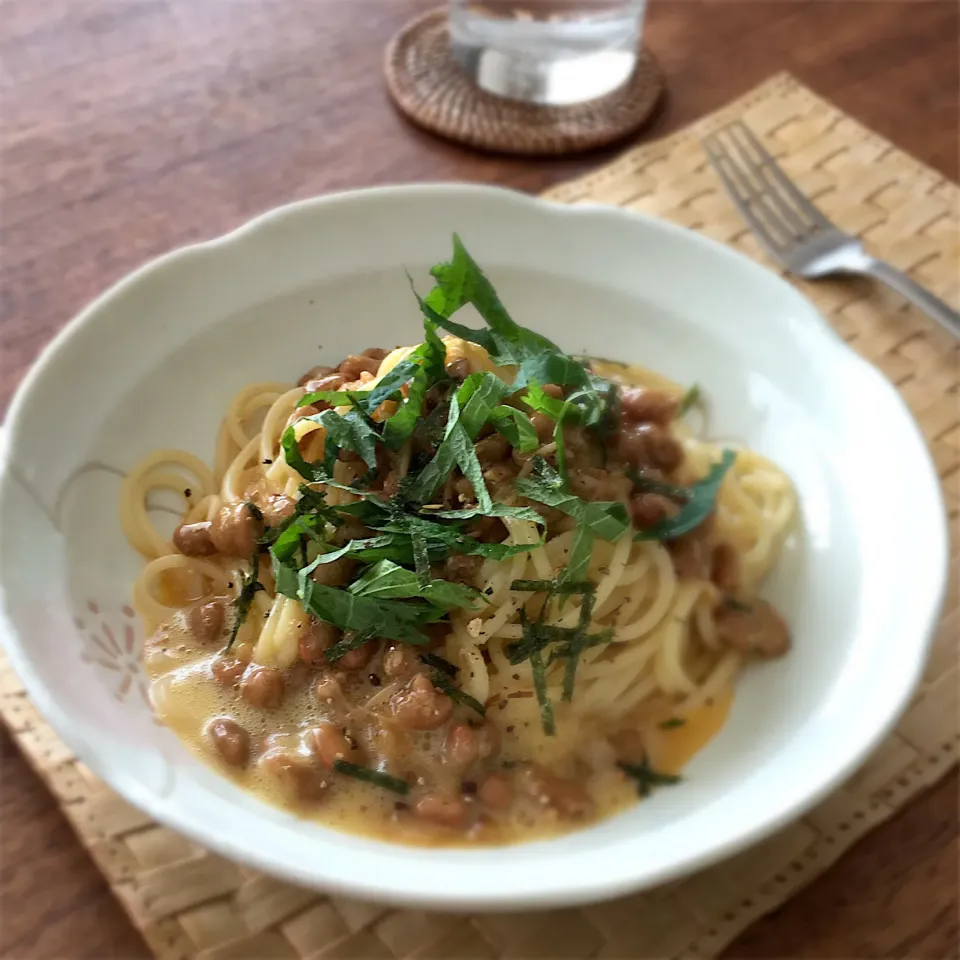 Snapdishの料理写真:ふわふわ卵のなめたけ納豆スパゲッティ🍝|𓇼 Ⓢ Ⓗ Ⓘ Ⓝ Ⓞ Ⓑ Ⓤ 𓇼さん