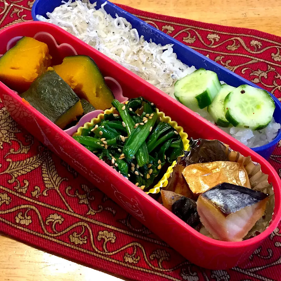 塩鯖と、ほうれん草の胡麻和えと、南瓜の煮物と、しらすご飯弁当|もえさん