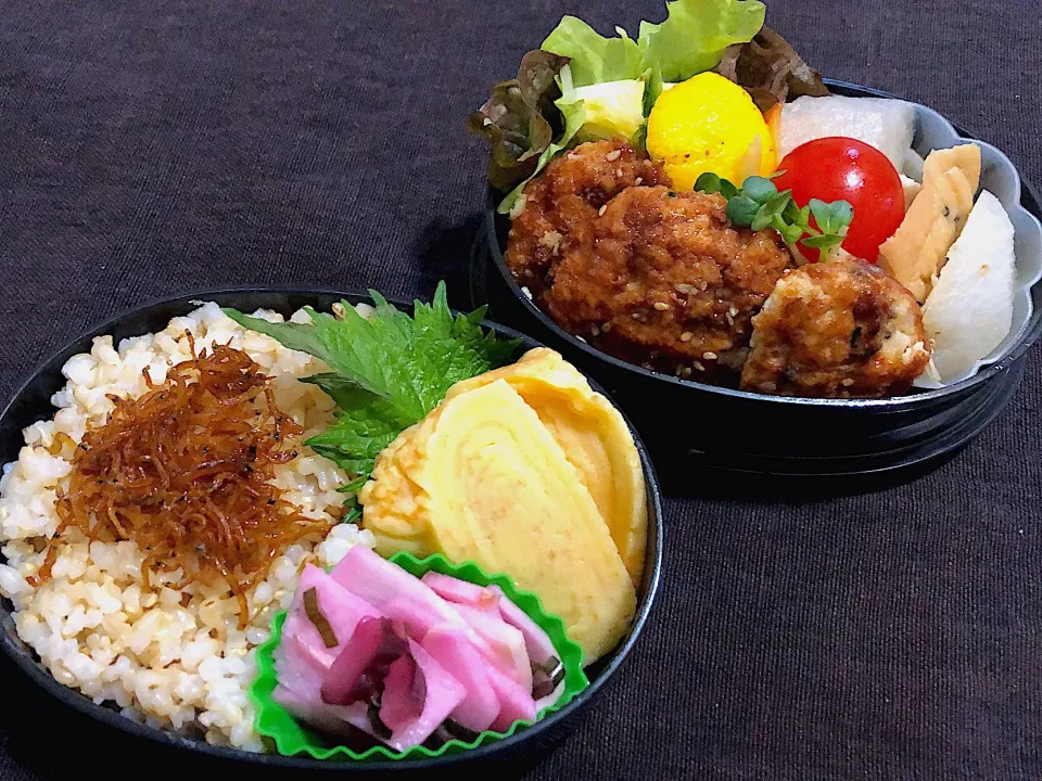 Snapdishの料理写真:2/25昼食  #昼ごはん  #弁当 
•ハンバーグ •コールスローサラダ •大根とがんもの煮物 •だし巻き卵 •大根漬け •生炊きシラス •玄米ごはん|おさんどんさん