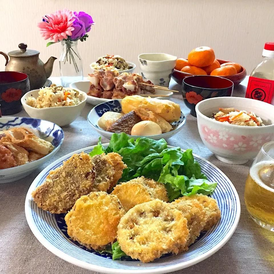 フライ盛り、おでん、串焼き、炊き込みご飯、豚汁|ゆかりさん