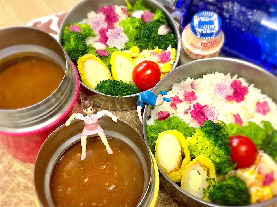 桜咲く🌸バターチキンカレー🍛&チーズ🧀ちくわのフライ&わさび菜&コールスローサラダ&ブロッコリー🥦&プチトマト🍅の夫婦お弁当♪

 #弁当  #フチ子  #バターチキンカレー  #あわび茸 #春色 #桜|桃実さん