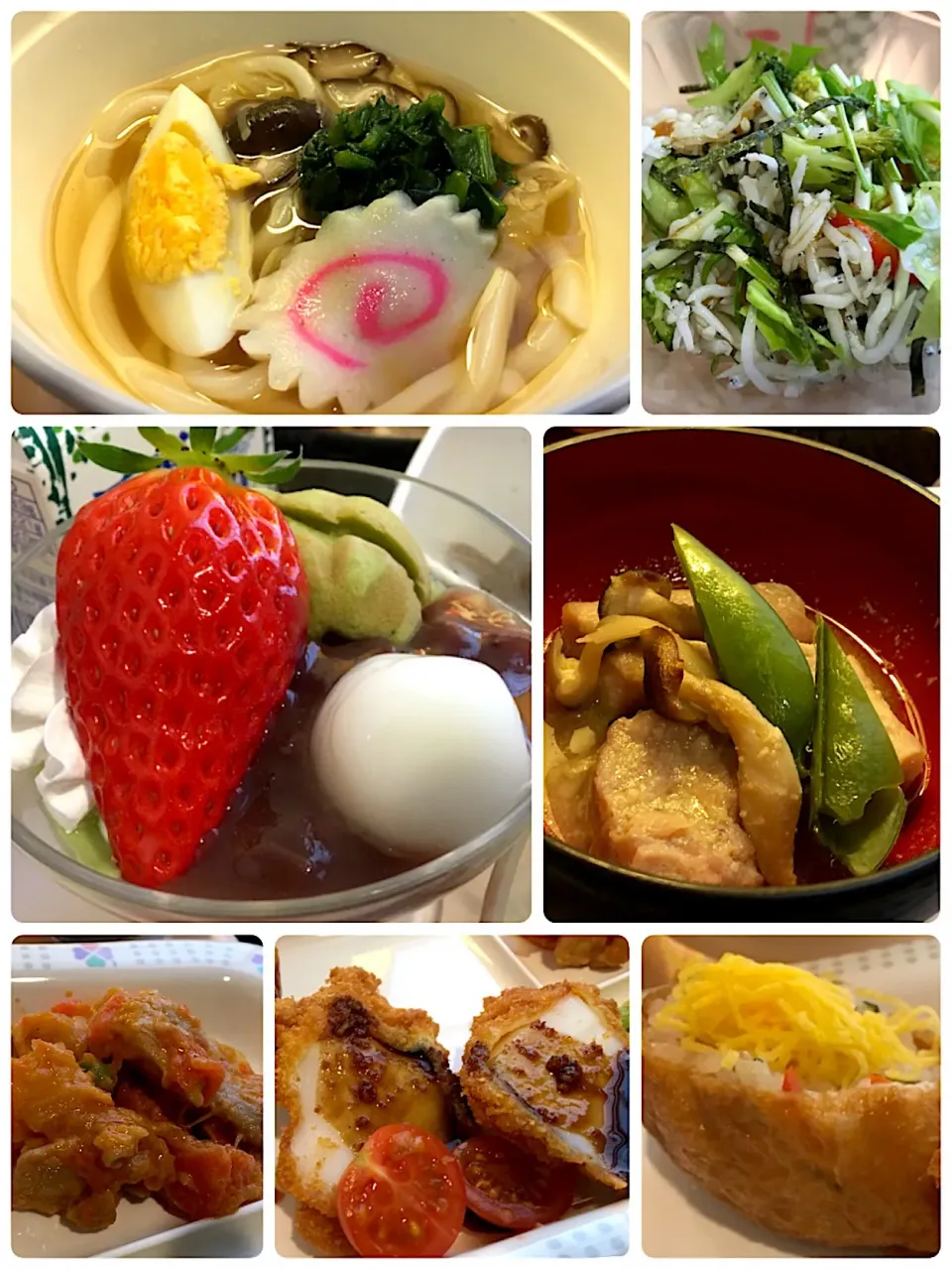 Snapdishの料理写真:アル中病棟の昼ごはん☀️☀️🔆
本日はバイキング
うどん  じゃこサラダ🥗  抹茶パフェ  イカフライ🦑  ポークソテー🐷  鶏肉のオーロラソース炒め🐓  いなり寿司  など|ぽんたさん