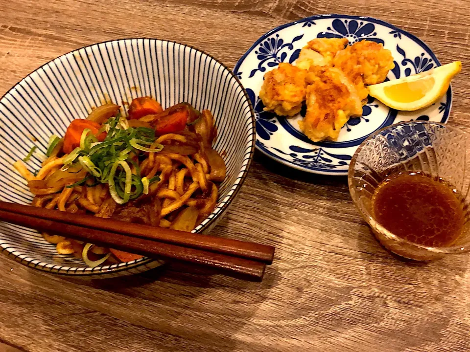 Snapdishの料理写真:#カレーうどん 
#とり天風とり天
#玉ねぎソース
#↑相性◎
#カレー昨夜残り汁少なめ、食べづら。
#とり天失敗、、つぎリベンジ 
 #アラサー飯。|MIZUKI。さん