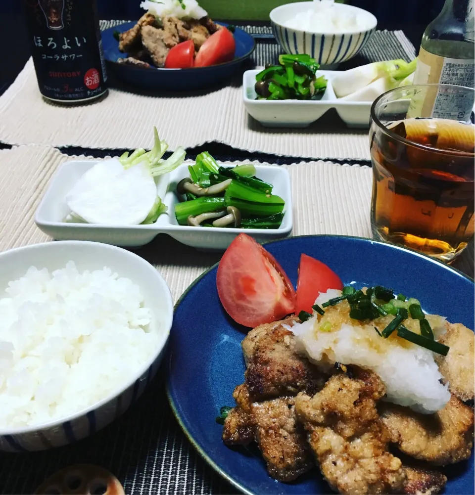 ・豚ヒレ肉の竜田焼きおろしポン酢 ・小松菜としめじのおひたし ・かぶの甘酢漬け|ちぐあささん