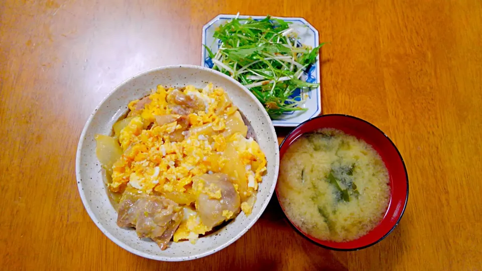 Snapdishの料理写真:２月１９日　親子丼　水菜のサラダ　お味噌汁|いもこ。さん