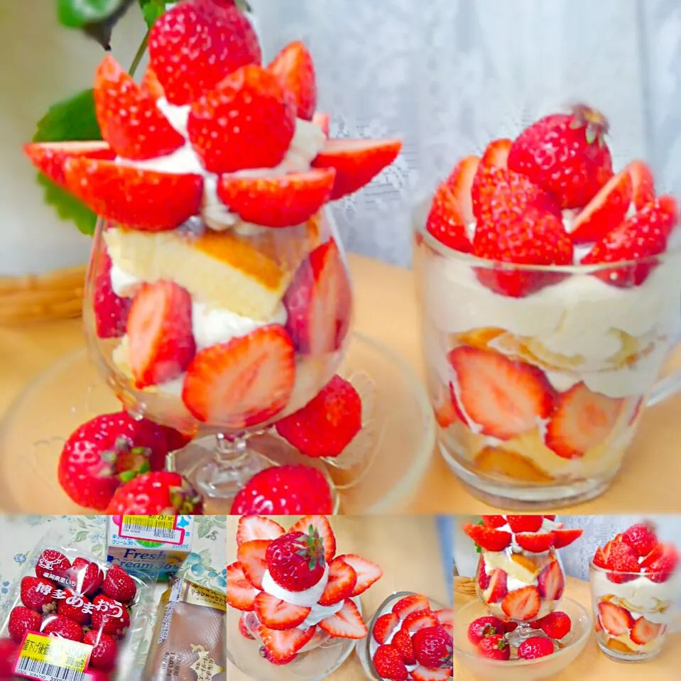 Snapdishの料理写真:キャンベルアーリーで食べ損ねたあまおうパフェ🍓クイーンを再現　お買い得品の博多あまおうと生クリーム、ふんわりチーズケーキとイチゴジャム使用|うたかた。さん