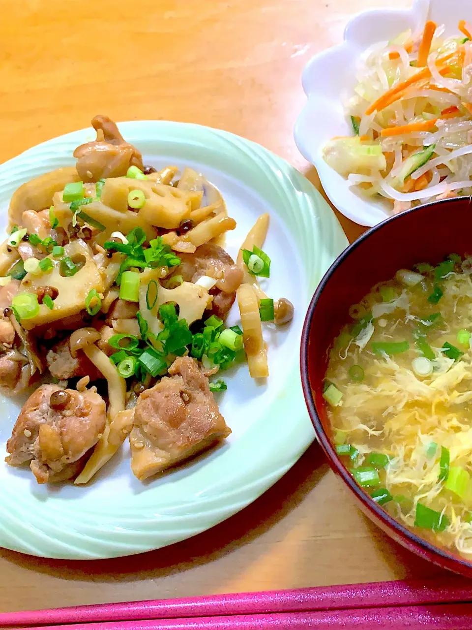 蓮根と鶏肉の甘辛煮、ツナのヤムウンセン、卵スープ⭐️|kaokaoさん