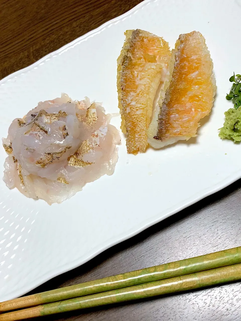 甘鯛の刺身 鱗焼き 生わさびとカイワレ|梛さん