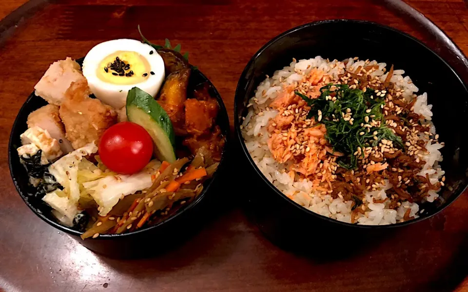 Snapdishの料理写真:3月6日本日も息子弁当🍱鶏胸肉の唐揚げ🥘ナストマトベーコン🍅きんぴらゴボウ🥘白菜サラダ🥗ちくわとワカメマヨ🥗ちりめん山椒🥬ほぐし鮭 #息子弁当  #サーモスランチジャー  #とりむね肉  #唐揚げ #ナスとトマト #きんぴらごぼう  #白菜サラダ  #ちくわ  #ちりめん山椒 #鮭 #snapdish #macaron|Yukie  Toriseさん