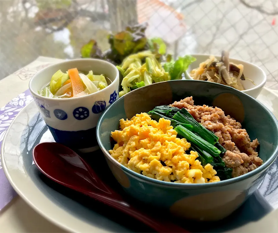 昼ごはん sakurakoさんの甘酒で作る常備菜　優しい甘み、しっとり鶏そぼろ🐔で三色丼定食|砂雪さん