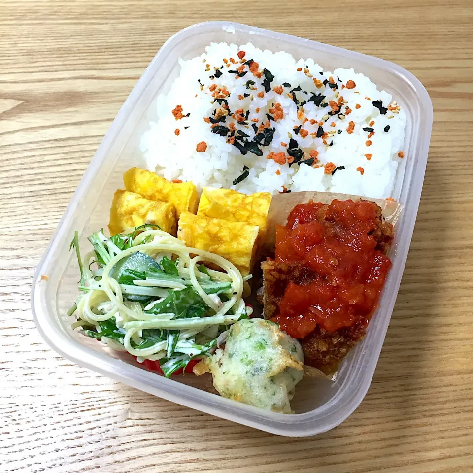 Snapdishの料理写真:金曜日の旦那さんのお弁当☺︎ #お弁当記録  #卵焼き  #サラスパ  #ミラノ風カツレツ|むさけんさん