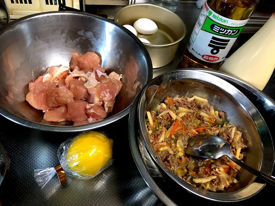 Snapdishの料理写真:preparing for チキン南蛮&野菜春巻き|Airene Cailoさん