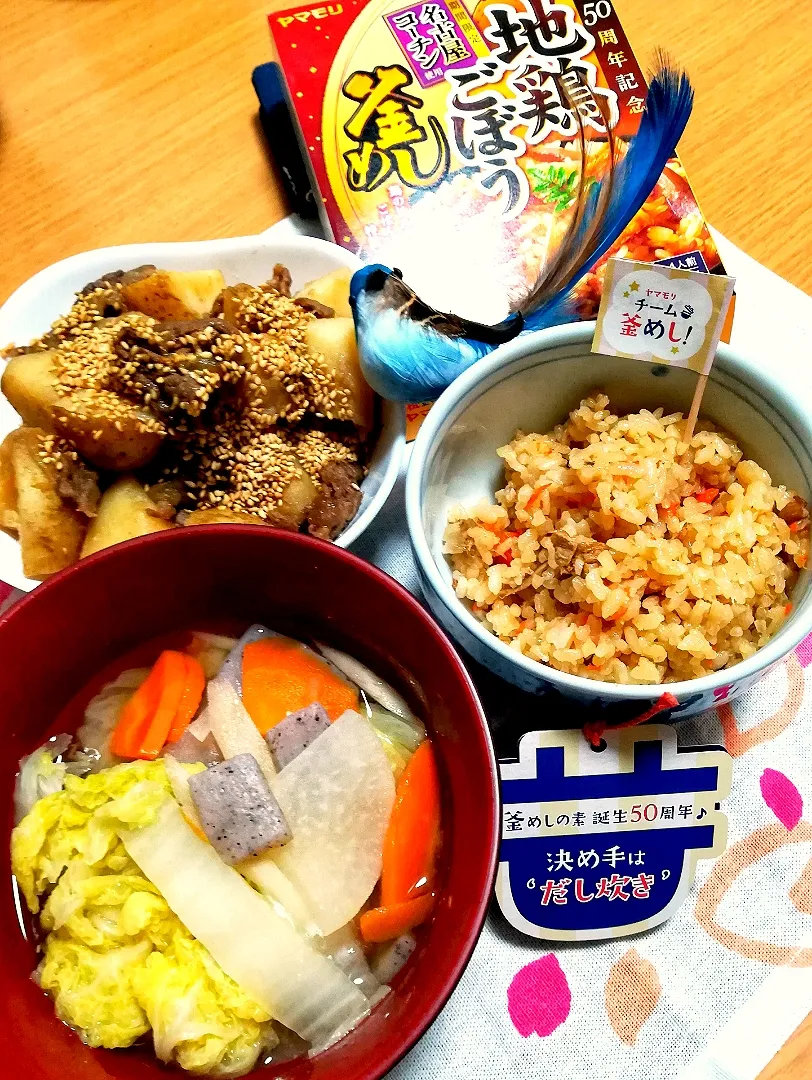 Snapdishの料理写真:Dinner  #新じゃが甘辛煮 #チーム釜めし！#地鶏ごぼう釜めし #にんじん増し増し #ヤマモリ|tamakiさん