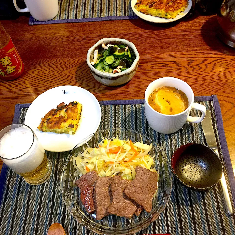 焼肉、野菜炒め、オニオンスープ、
お好み焼き、ビール、酢の物|yakinasuさん