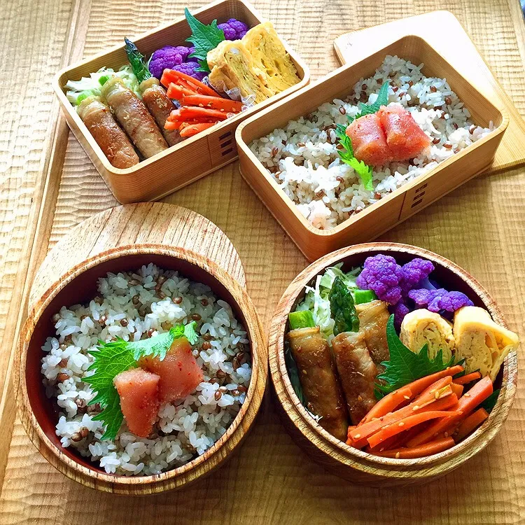 🍱３月１１日(月) 今日のお弁当
○ もち麦ごはん
○ アスパラガスの肉巻き
○ 玉子焼き
○ 紫ブロッコリーのらっきょう酢和え
○ にんじんの金ごまきんぴら
○ 千切りキャベツ
○ 辛子明太子・大葉|mutsumi☺︎さん